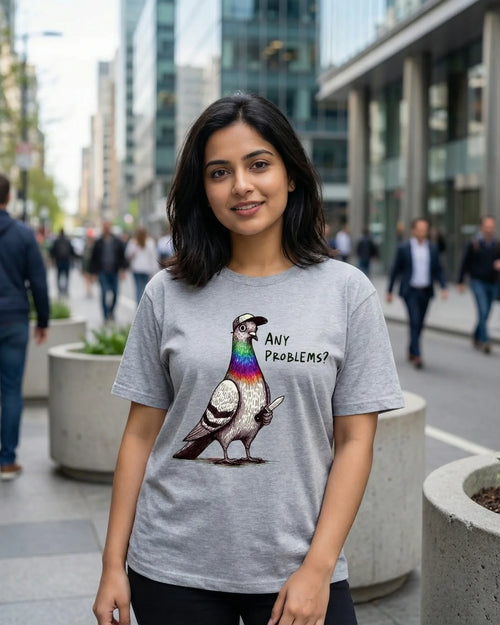 Woman wearing a gray t-shirt with a colorful pigeon graphic and text in an urban setting.