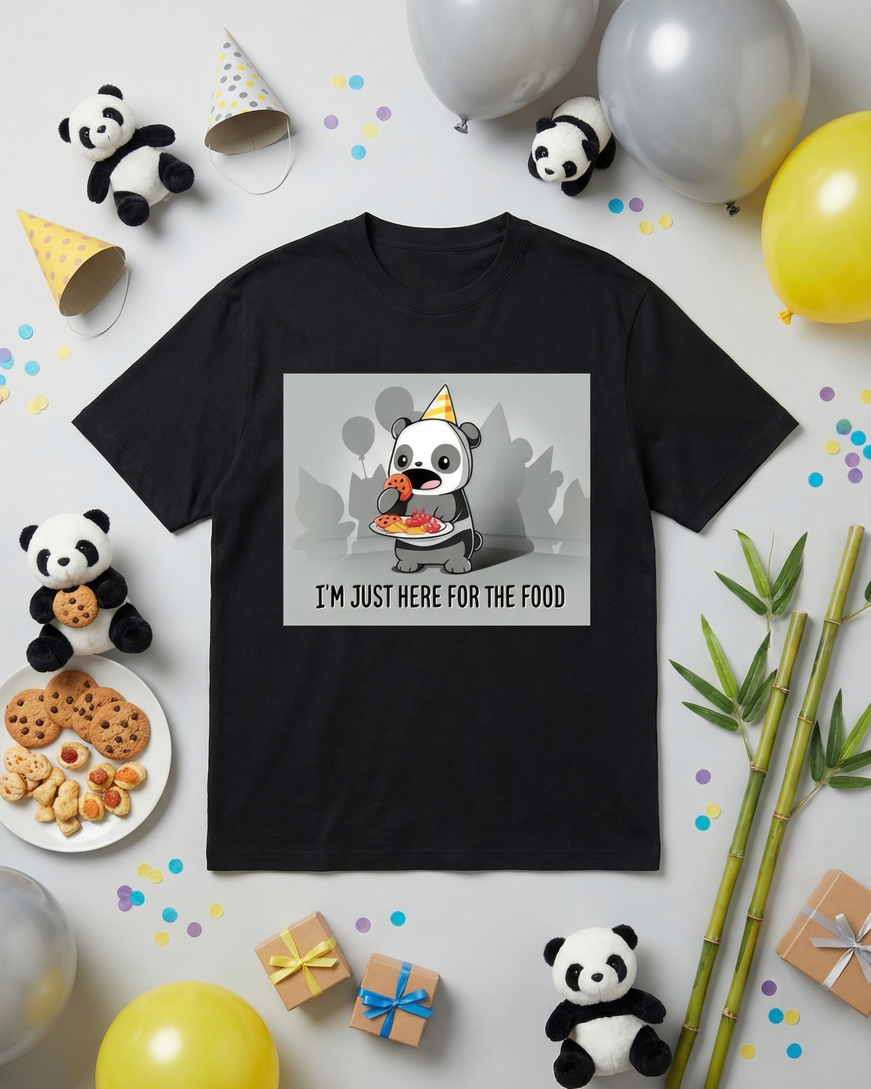 Black t-shirt with a panda graphic and text, surrounded by party decorations on a white background