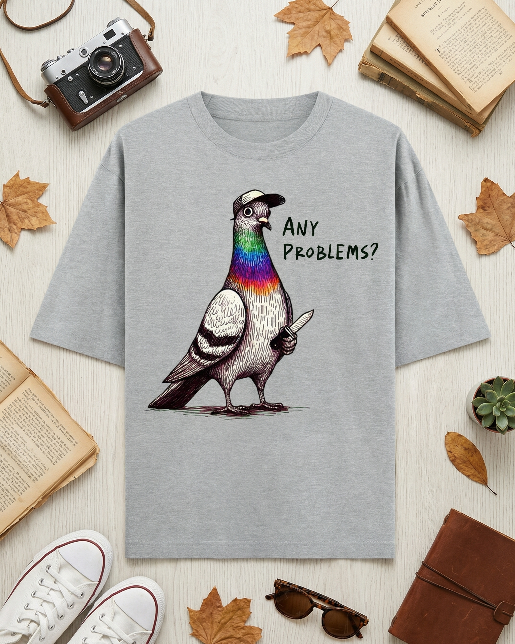 Gray t-shirt with a colorful pigeon graphic and 'Any Problems?' text, placed on a surface with books and leaves.