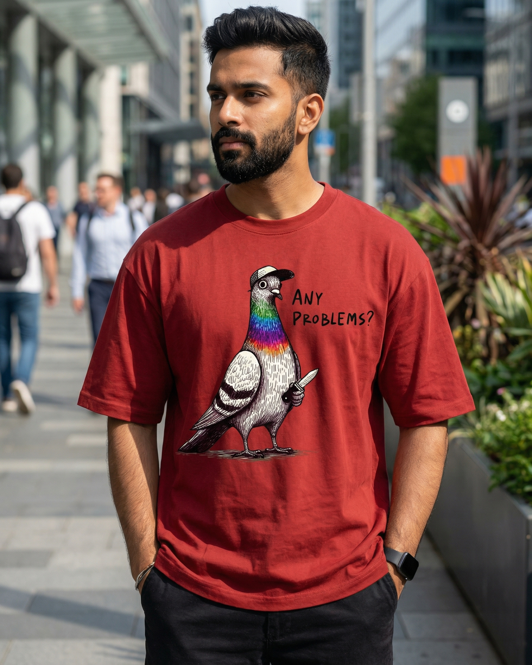 Man wearing a red t-shirt with a colorful pigeon graphic and text on a city street.
